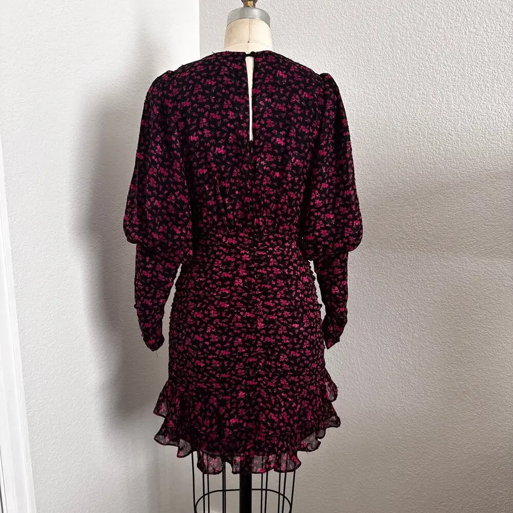 ASTR The Label Claremore Ruched Mini Dress Black Magenta Floral Long Sleeve - Picture 3 of 9